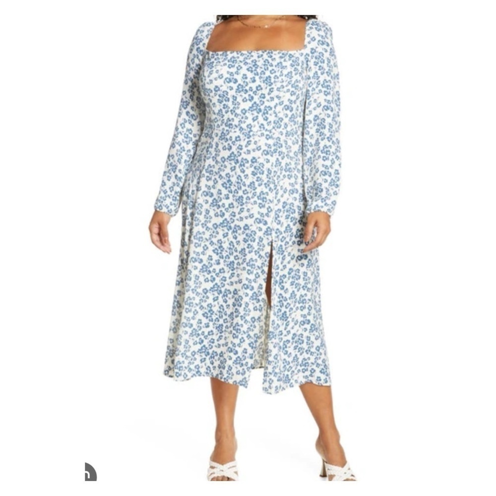 REFORMATION Sigmund Milonesa Blue White Floral Long Sleeve Slit Midi Dress Sz 24 - Picture 8 of 15